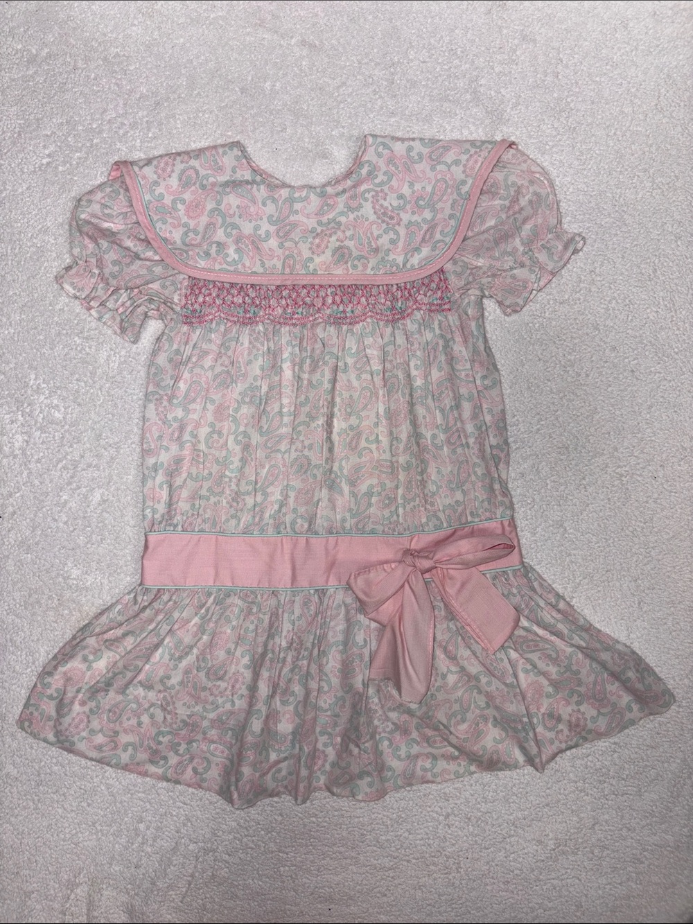 Polly flinders vintage Girls Pink Paisley Smocked drop Waist Dress size 5